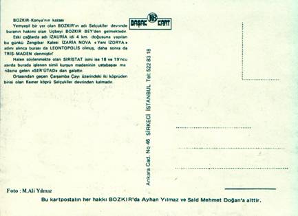 Bozkır’ın İlk Renkli Fotoğrafının (Kartpostalının) Arka Yüzü